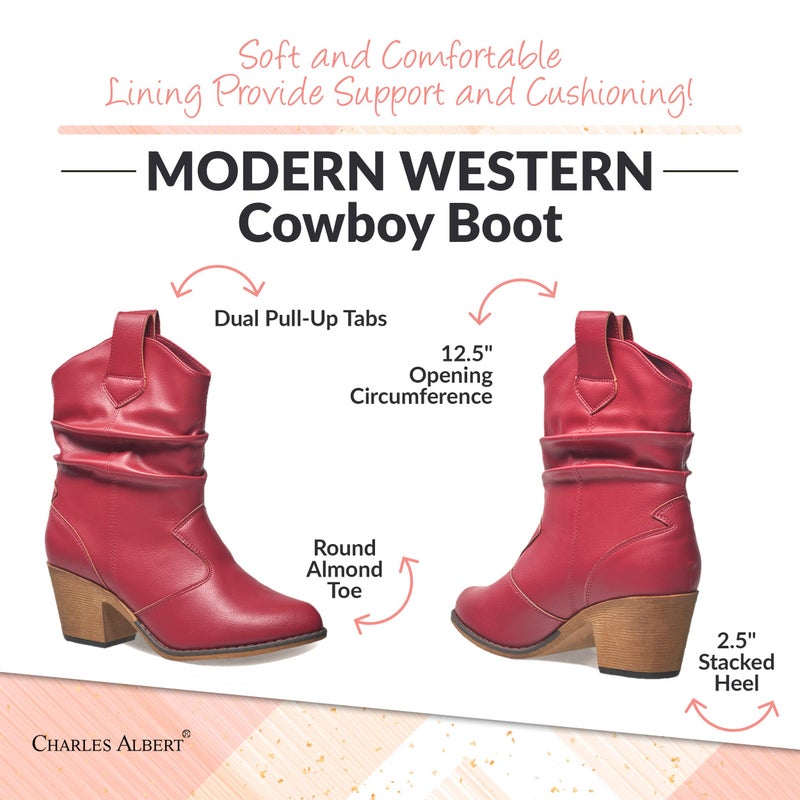 Charles Albert Modern Western Cowboy Boots for Women Ladies Stacked Heel Ankle Cowgirl Boots with Pull-Up Tabs in Red Size 7 - Image 5